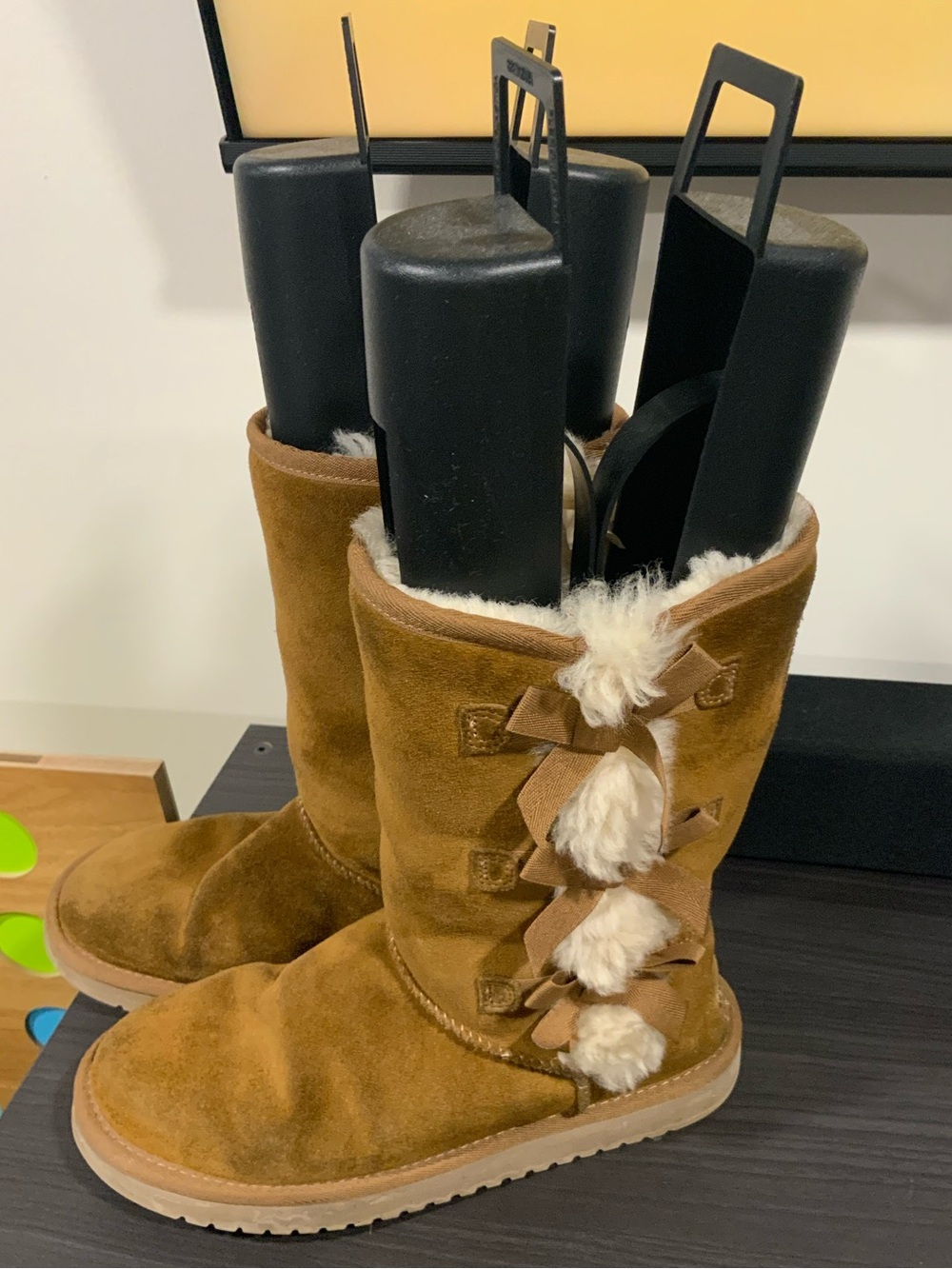 Koolaburra Chestnut Brown Suede Shearling-Trim Girls' Winter Boots with Bows